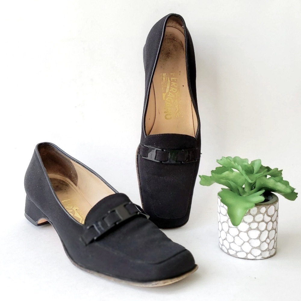 Salvatore Ferragamo Vintage 90s Black Heeled Nylon Square Toe Loafers Size 6.5